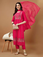 Thumbnail for Nyra Cut Embroidered Kurta With Pant & Organza Embroidered Dupatta Luxury, Multicolor - Hiral Fashion - Distacart