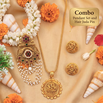 JS Fashion Combo Designer High Gold Pendant Set & Antique Gold Finish Juda Pin For Women - Dista