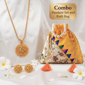 JS Fashion Combo Designer High Gold Pendant Set & Bridal Silk Brocade Potli Bag For Women - Dista