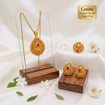 JS Fashion Combo High Gold Pendant Set With Matching Studs & Antique High Gold Finger Ring For Women - Dista