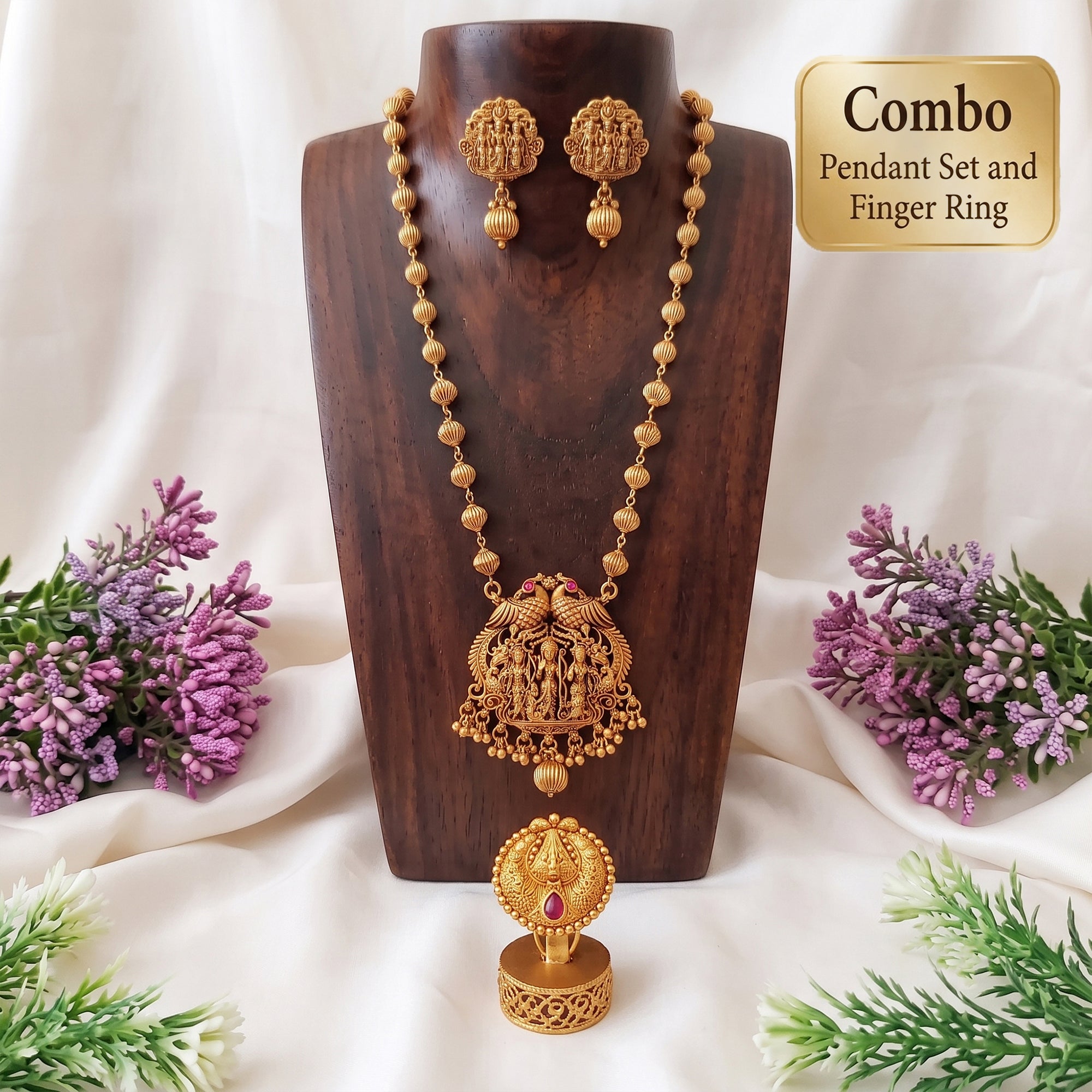 JS Fashion Combo Rajwadi Polish Pendant Set & Antique High Gold Finger Ring For Women - Dista