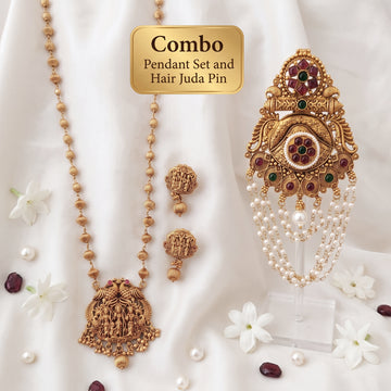 JS Fashion Combo Rajwadi Polish Pendant Set & Antique Gold Finish Juda Pin For Women - Dista