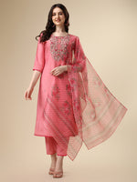 Thumbnail for Embroidered Kurta With Pant & Printed Dupatta Set, Multicolor - Hiral Fashion - Distacart