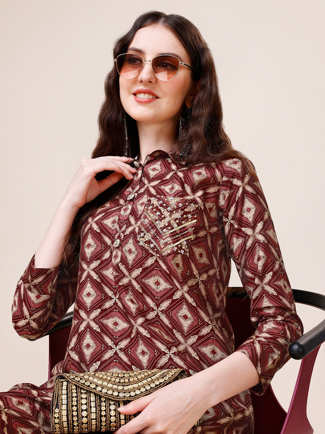 Hand Embroidered & Printed Collar 2 Piece Co-Ords Set, Multicolor - Hiral Fashion - Distacart