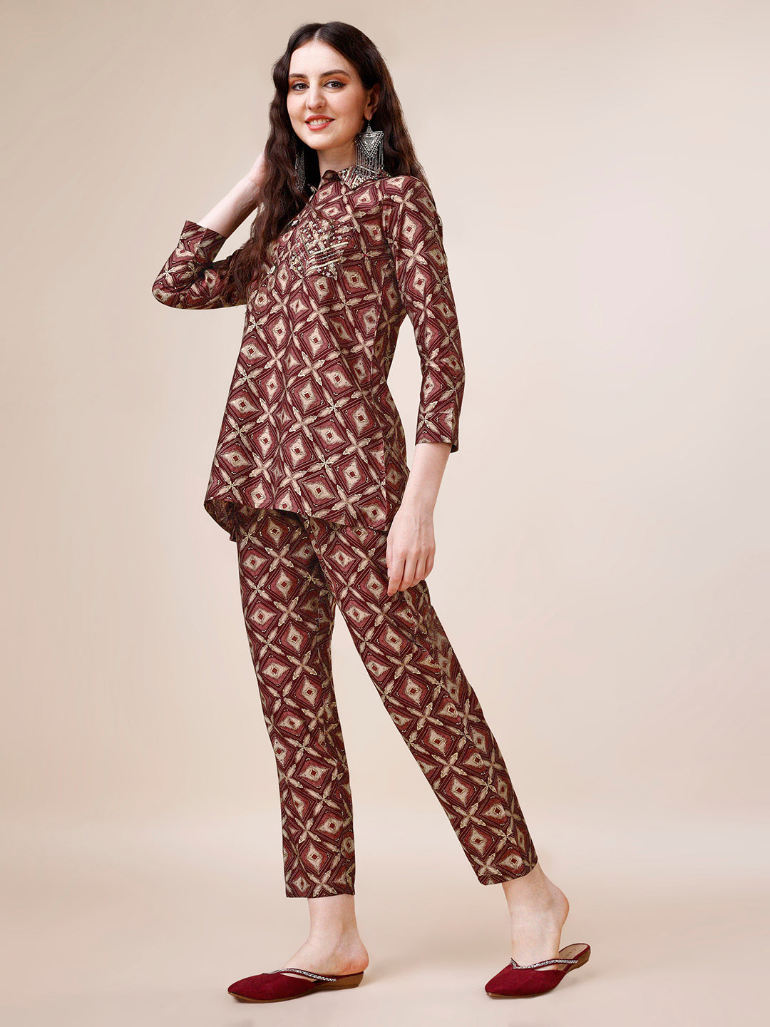 Hand Embroidered & Printed Collar 2 Piece Co-Ords Set, Multicolor - Hiral Fashion - Distacart