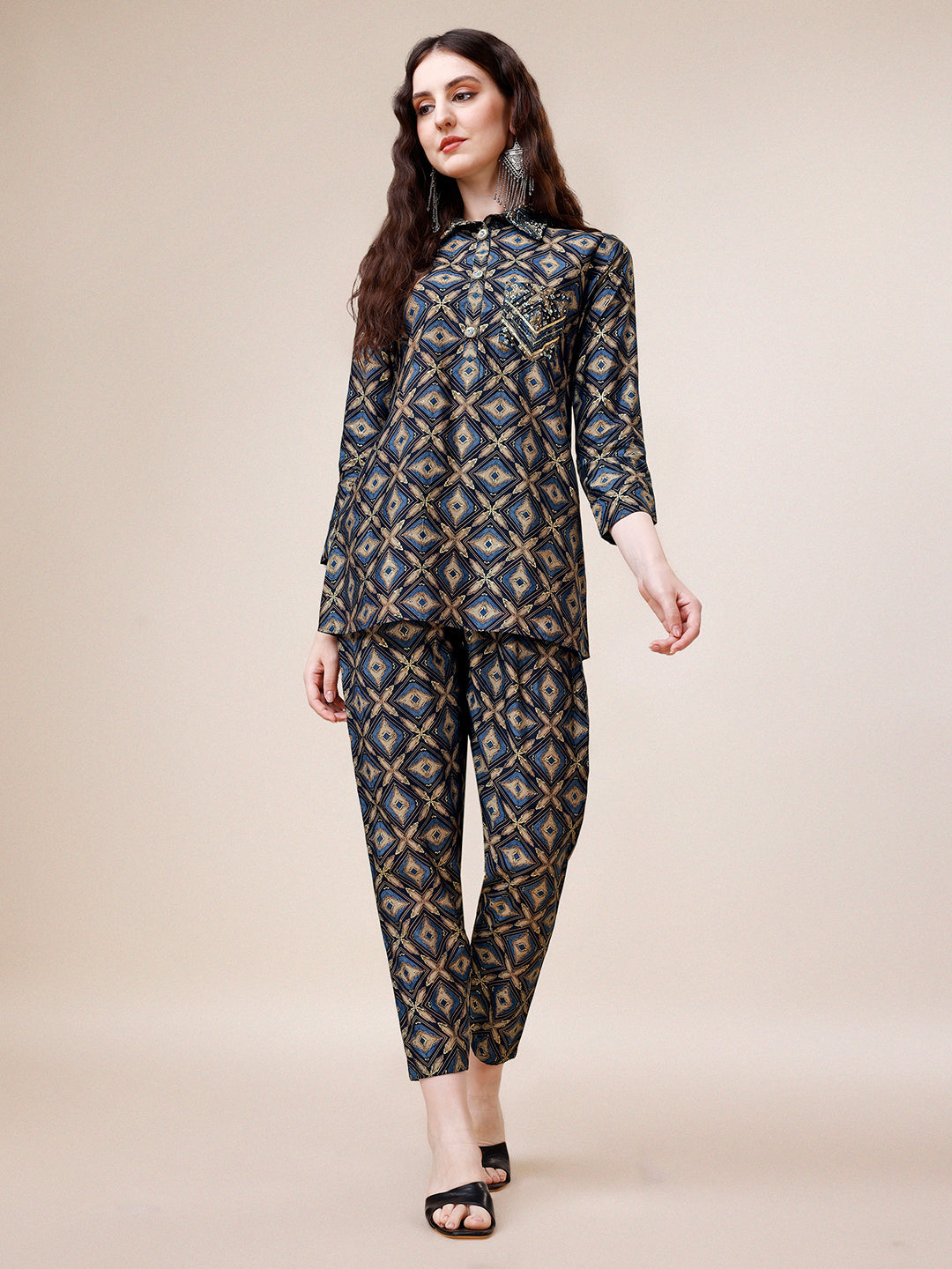 Hand Embroidered & Printed Collar 2 Piece Co-Ords Set, Multicolor - Hiral Fashion - Distacart