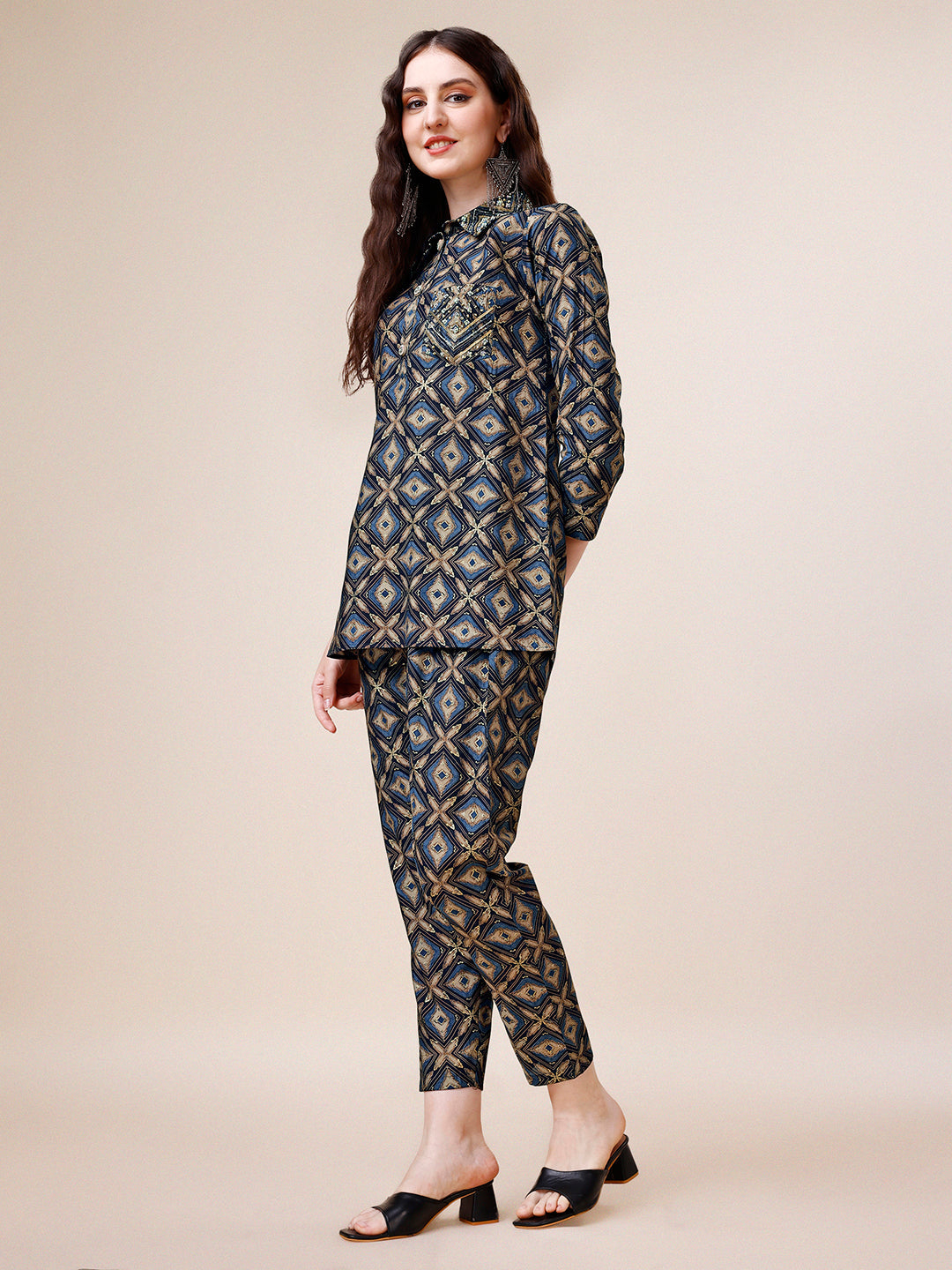 Hand Embroidered & Printed Collar 2 Piece Co-Ords Set, Multicolor - Hiral Fashion - Distacart