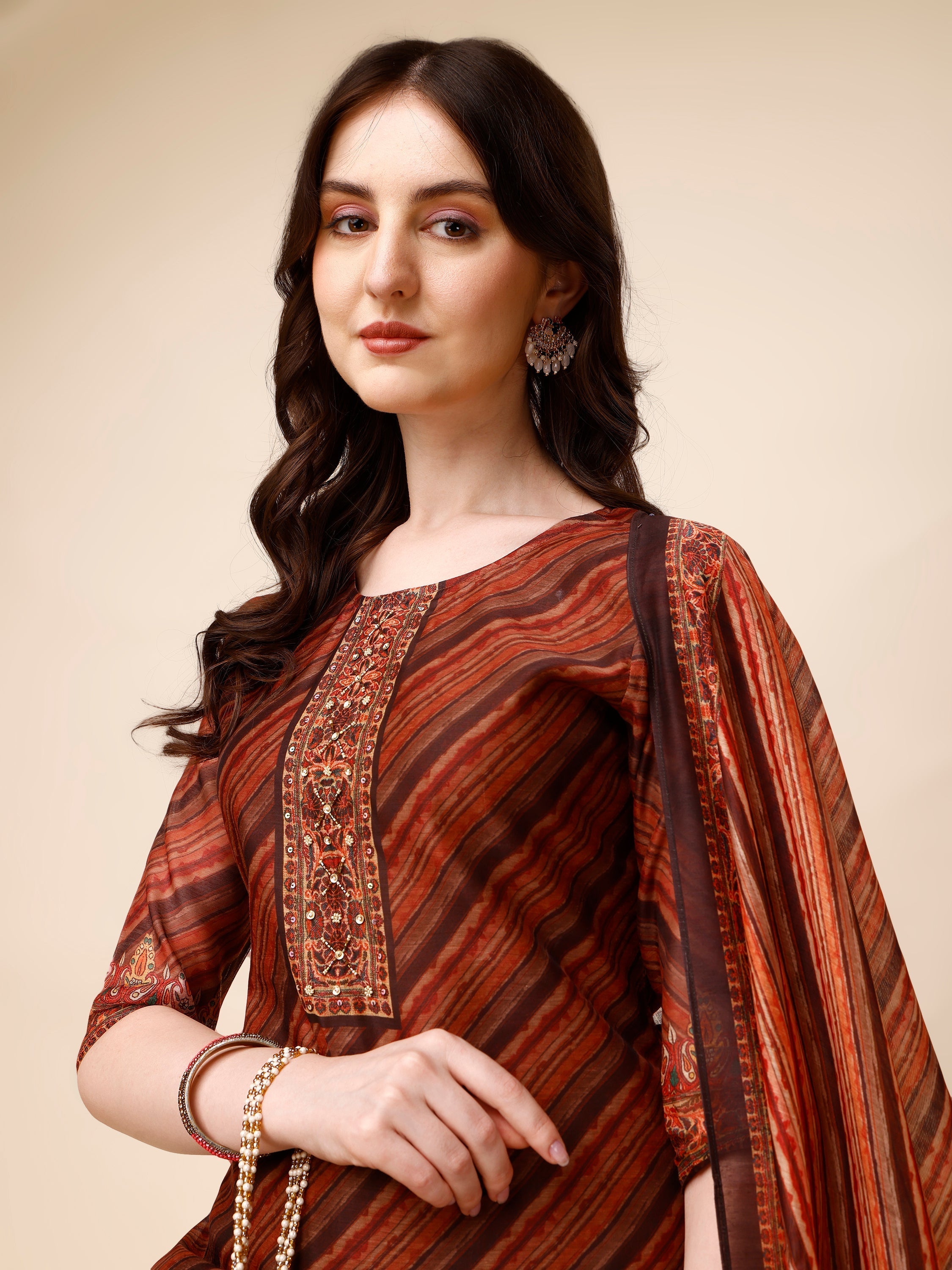 Leheriya Printed & Embroidered Kurta With Pant And Dupatta Set, Multicolor - Hiral Fashion - Dista