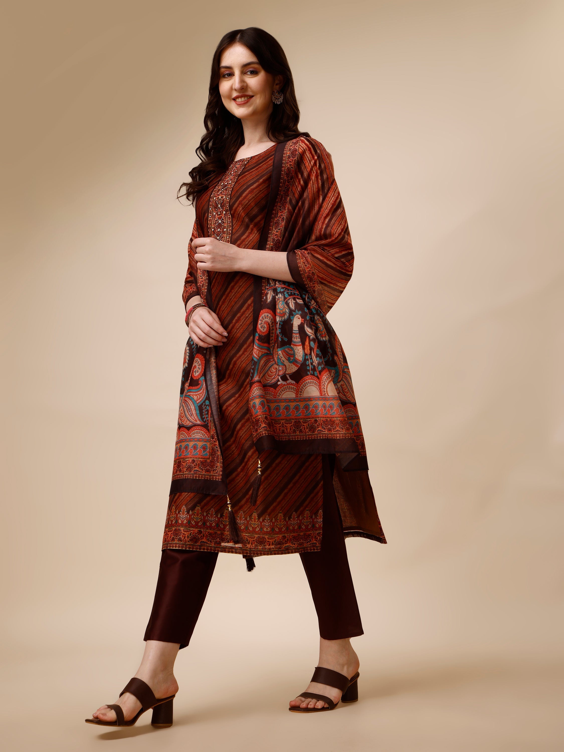 Leheriya Printed & Embroidered Kurta With Pant And Dupatta Set, Multicolor - Hiral Fashion - Dista