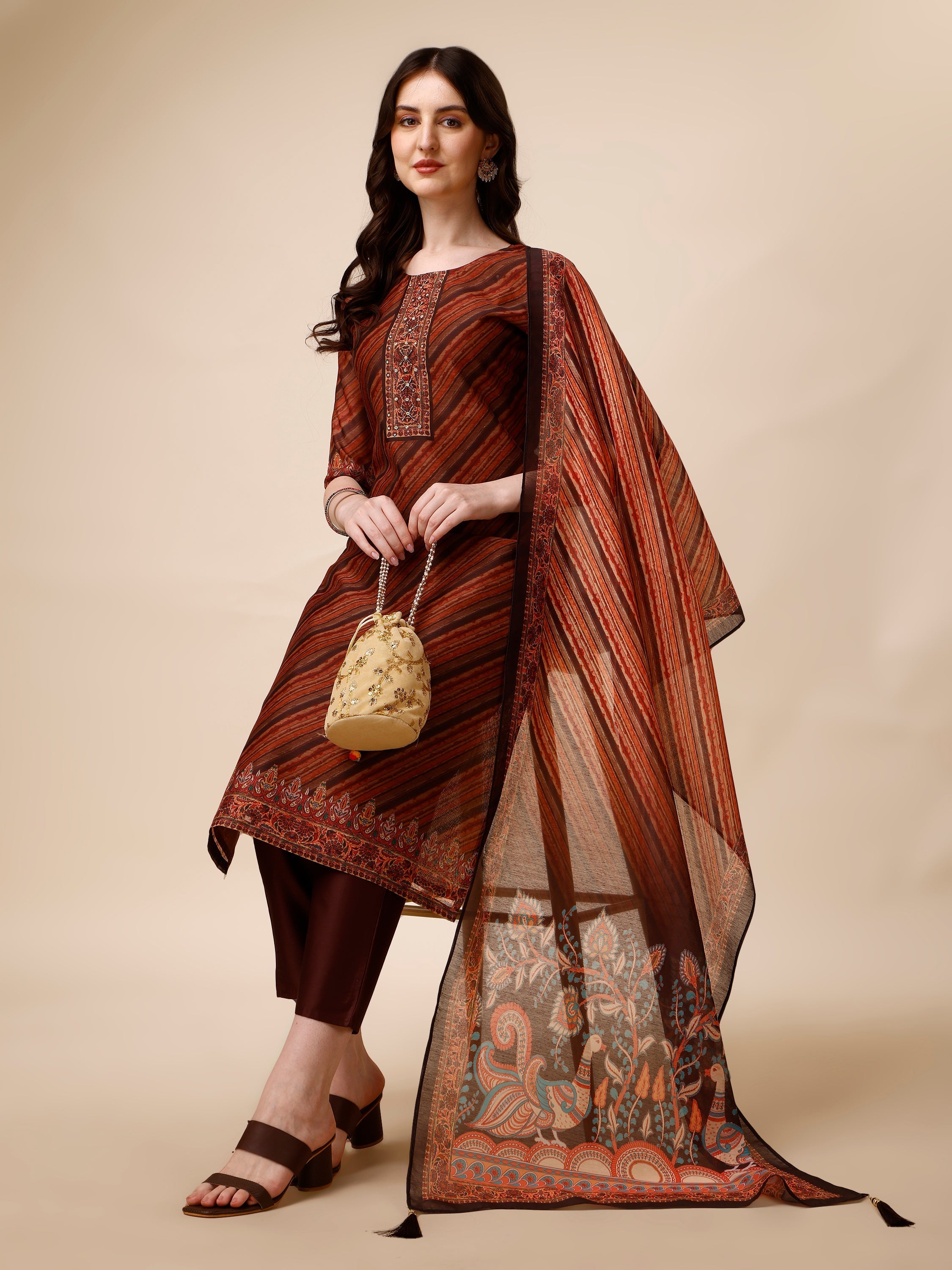 Leheriya Printed & Embroidered Kurta With Pant And Dupatta Set, Multicolor - Hiral Fashion - Dista