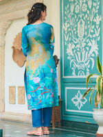Thumbnail for Hand Embroidered & Digital Printed Muslin Kurta With Pant & Printed Dupatta, Blue - Hiral Fashion - Distacart