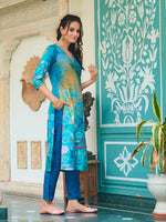 Thumbnail for Hand Embroidered & Digital Printed Muslin Kurta With Pant & Printed Dupatta, Blue - Hiral Fashion - Distacart