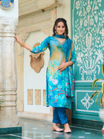 Thumbnail for Hand Embroidered & Digital Printed Muslin Kurta With Pant & Printed Dupatta, Blue - Hiral Fashion - Distacart