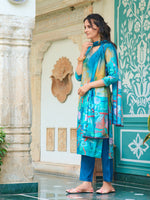 Thumbnail for Hand Embroidered & Digital Printed Muslin Kurta With Pant & Printed Dupatta, Blue - Hiral Fashion - Distacart