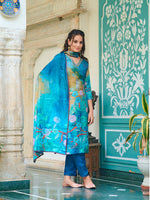 Thumbnail for Hand Embroidered & Digital Printed Muslin Kurta With Pant & Printed Dupatta, Blue - Hiral Fashion - Distacart