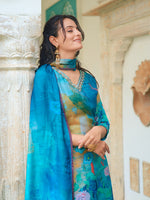 Thumbnail for Hand Embroidered & Digital Printed Muslin Kurta With Pant & Printed Dupatta, Blue - Hiral Fashion - Distacart