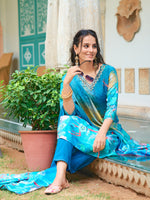 Thumbnail for Hand Embroidered & Digital Printed Muslin Kurta With Pant & Printed Dupatta, Blue - Hiral Fashion - Distacart