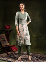 Thumbnail for Hand Embroidered & Digital Printed Muslin Kurta With Pant & Printed Dupatta, Green - Hiral Fashion - Distacart
