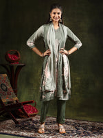 Thumbnail for Hand Embroidered & Digital Printed Muslin Kurta With Pant & Printed Dupatta, Green - Hiral Fashion - Distacart