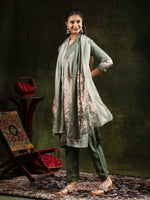 Thumbnail for Hand Embroidered & Digital Printed Muslin Kurta With Pant & Printed Dupatta, Green - Hiral Fashion - Distacart