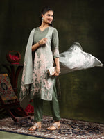 Thumbnail for Hand Embroidered & Digital Printed Muslin Kurta With Pant & Printed Dupatta, Green - Hiral Fashion - Distacart