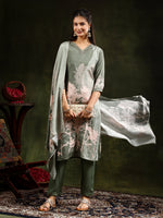 Thumbnail for Hand Embroidered & Digital Printed Muslin Kurta With Pant & Printed Dupatta, Green - Hiral Fashion - Distacart
