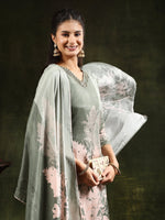 Thumbnail for Hand Embroidered & Digital Printed Muslin Kurta With Pant & Printed Dupatta, Green - Hiral Fashion - Distacart