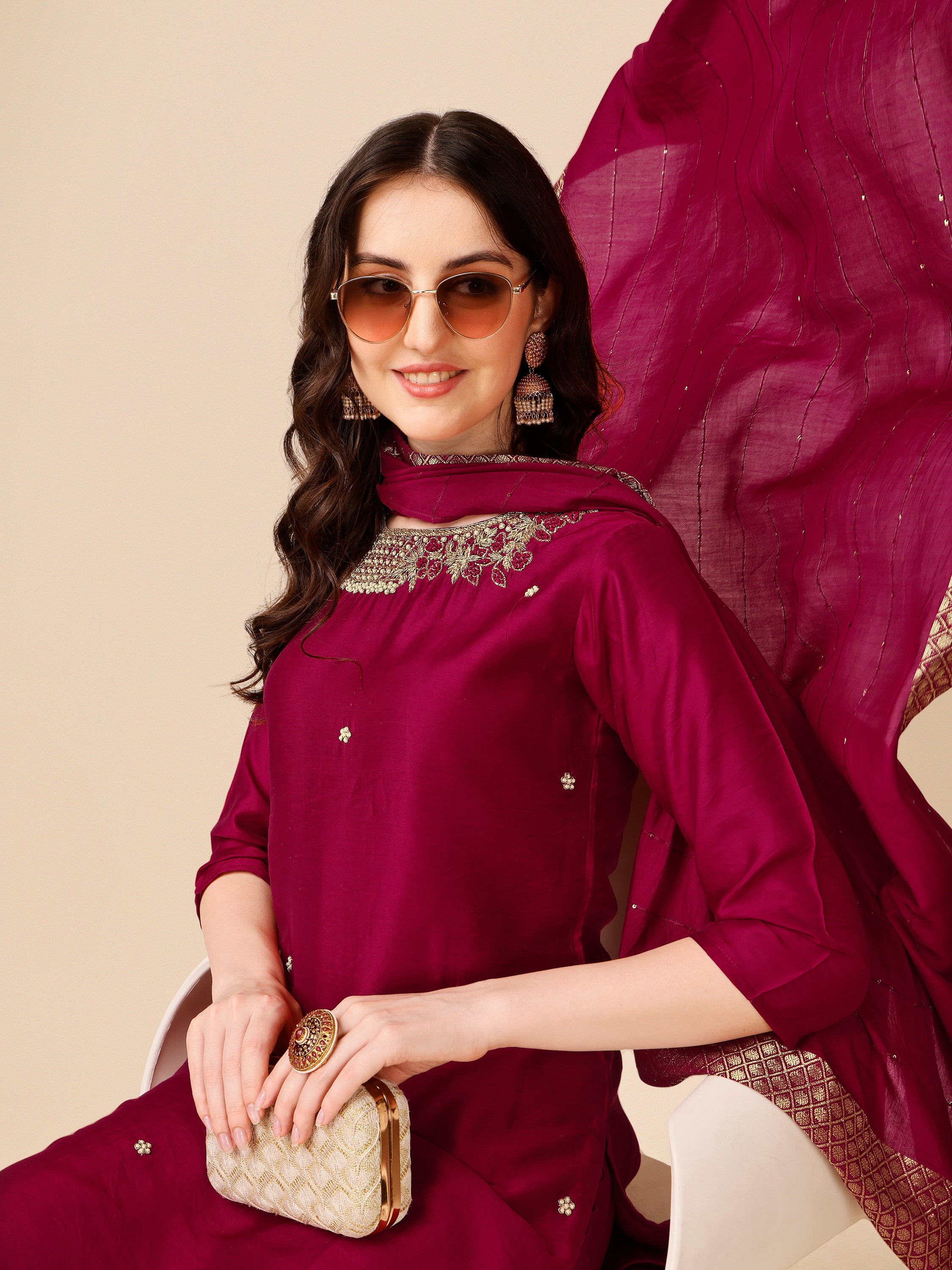 Hand Embroidered Kurta With Pant And Dupatta Set, Multicolor - Hiral Fashion