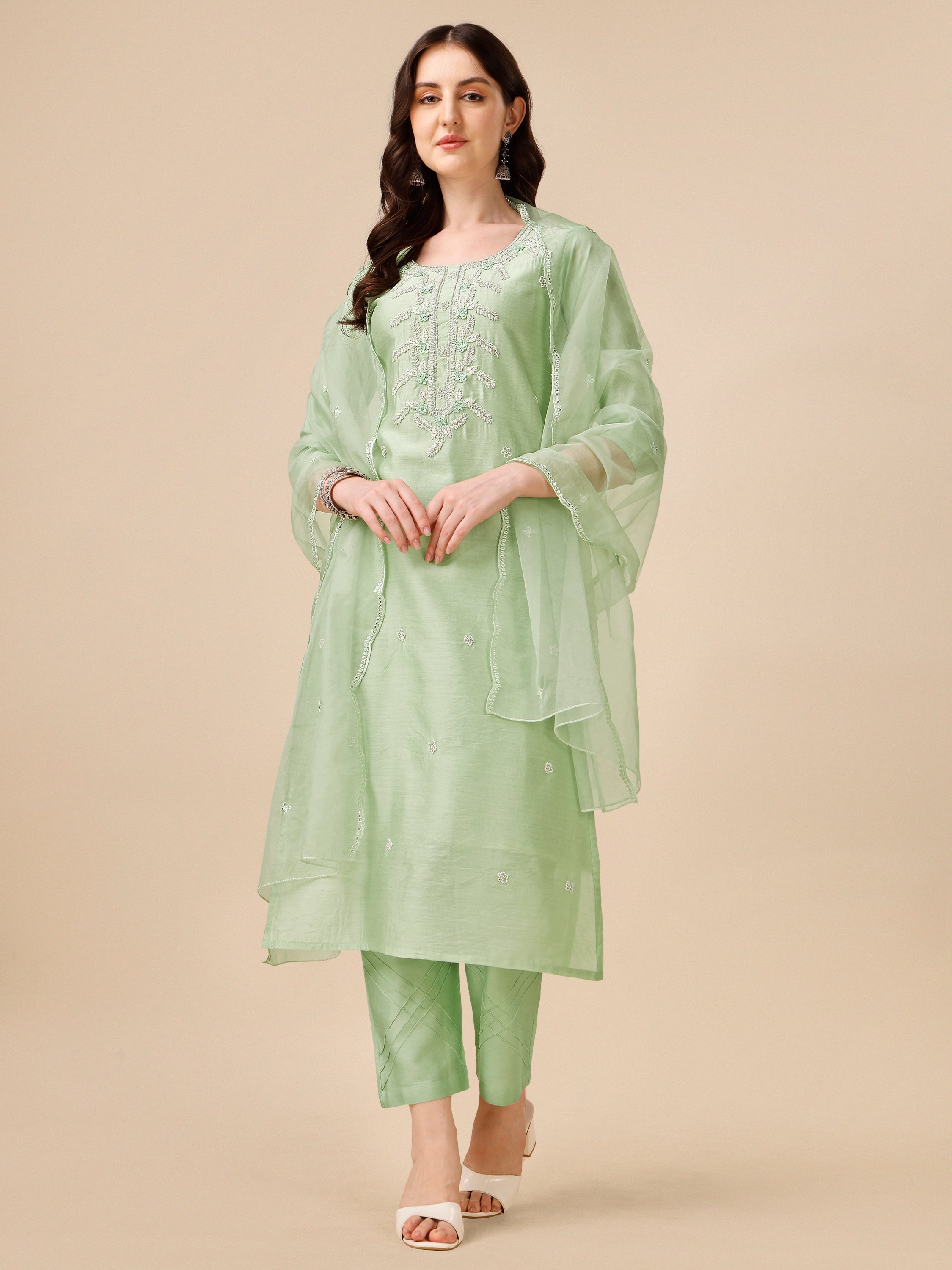 Hand Embroidered Kurta With Pant And Dupatta Set, Multicolor - Hiral Fashion