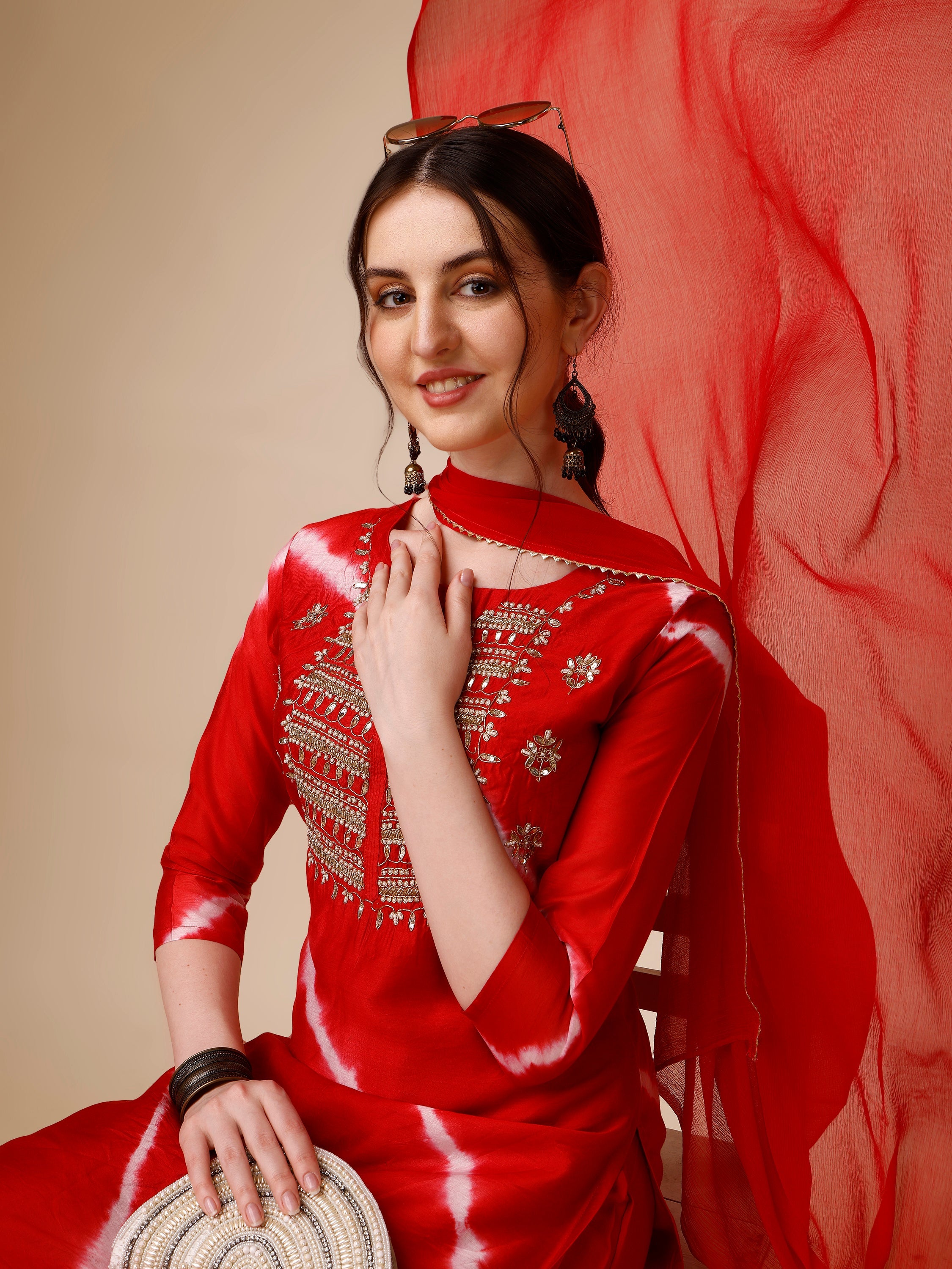 Lehariya Printed And Embroidered Kurta With Pant And Dupatta Set, Multicolor - Hiral Fashion - Distacart
