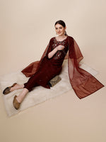 Thumbnail for Embroidered Maroon Kurta With Pant And Dupatta Set, Multicolor - Hiral Fashion - Distacart