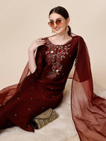 Thumbnail for Embroidered Maroon Kurta With Pant And Dupatta Set, Multicolor - Hiral Fashion - Distacart