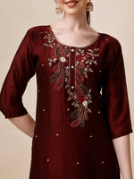 Thumbnail for Embroidered Maroon Kurta With Pant And Dupatta Set, Multicolor - Hiral Fashion - Distacart