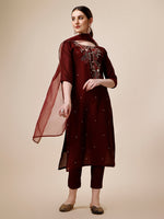 Thumbnail for Embroidered Maroon Kurta With Pant And Dupatta Set, Multicolor - Hiral Fashion - Distacart