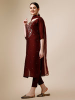 Thumbnail for Embroidered Maroon Kurta With Pant And Dupatta Set, Multicolor - Hiral Fashion - Distacart