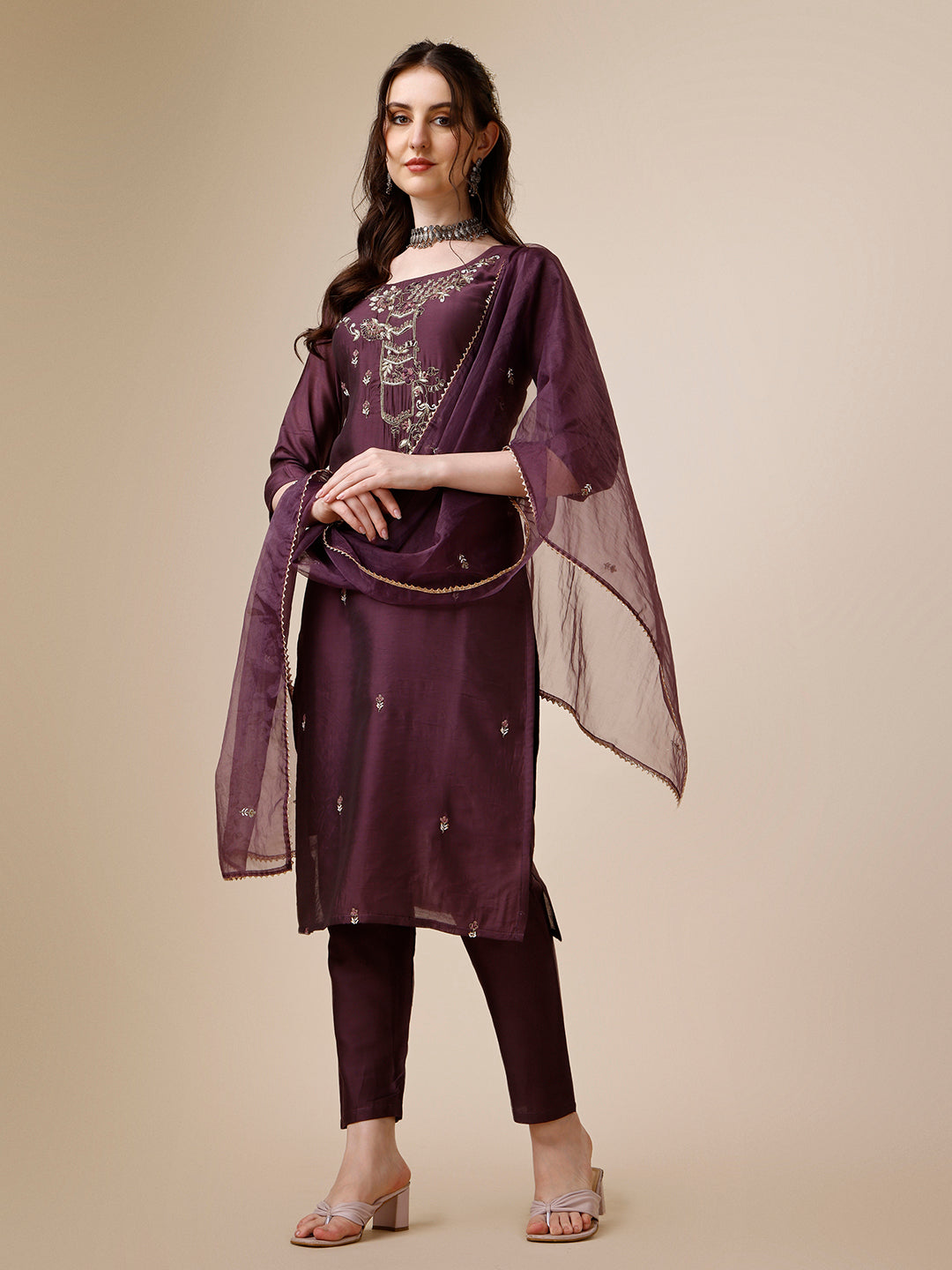 Embroidered Kurta With Pant And Dupatta Set, Multicolor - Hiral Fashion