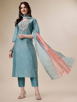 Thumbnail for Embroidered Kurta With Pant And Dupatta Set, Multicolor - Hiral Fashion - Distacart