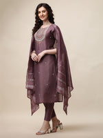 Thumbnail for Embroidered Lavender Kurta With Pant And Dupatta Set, Multicolor - Hiral Fashion - Distacart