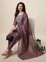 Thumbnail for Embroidered Lavender Kurta With Pant And Dupatta Set, Multicolor - Hiral Fashion - Distacart