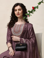 Thumbnail for Embroidered Lavender Kurta With Pant And Dupatta Set, Multicolor - Hiral Fashion - Distacart