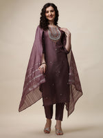 Thumbnail for Embroidered Lavender Kurta With Pant And Dupatta Set, Multicolor - Hiral Fashion - Distacart