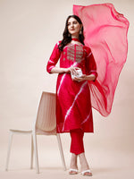 Thumbnail for Embroidered And Leheriya Printed Kurta With Pant And Dupatta Set, Multicolor - Hiral Fashion - Distacart