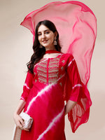 Thumbnail for Embroidered And Leheriya Printed Kurta With Pant And Dupatta Set, Multicolor - Hiral Fashion - Distacart