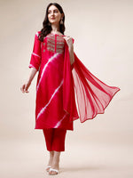 Thumbnail for Embroidered And Leheriya Printed Kurta With Pant And Dupatta Set, Multicolor - Hiral Fashion - Distacart