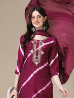 Thumbnail for Leheriya Printed & Hand Embroidered Kurta With Pant & Dupatta Set, Multicolor - Hiral Fashion - Distacart