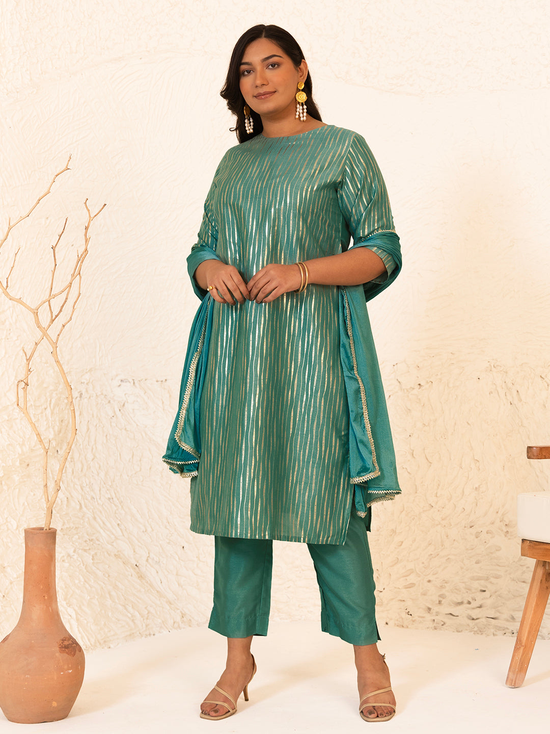 Janasya Green Poly Silk Foil Printed Set - Distacart