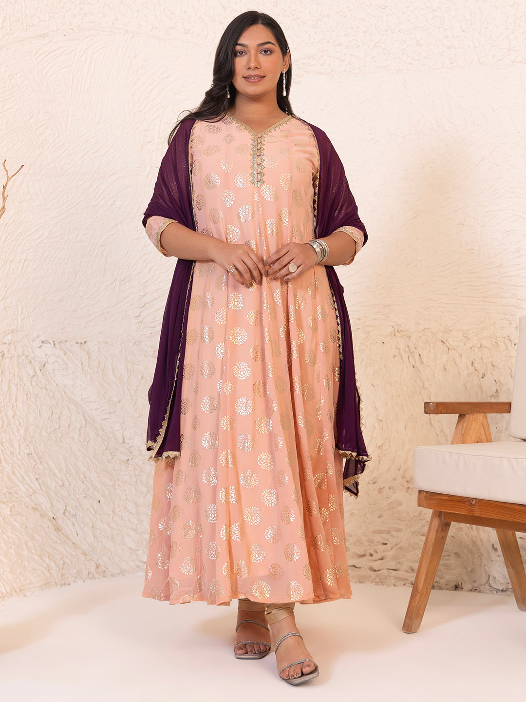 Janasya Peach Georgette Foil Printed Set - Distacart