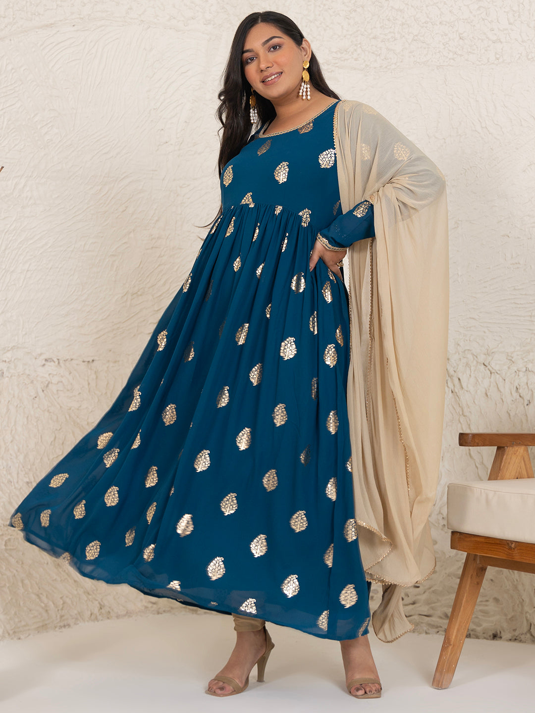 Janasya Teal Blue Georgette Foil Printed Set - Distacart