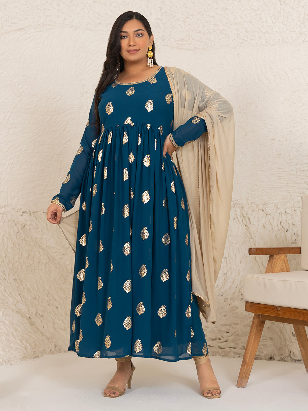 Janasya Teal Blue Georgette Foil Printed Set - Distacart