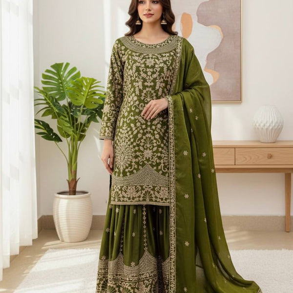 Prazu Fashion Mahendi Jimmy Silk Sequin Embroidered Sharara Suit - Distacart